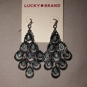 Lucky Brand Silver Tone & Slate Blue Teardrop Tiered Chandelier Earrings NEW